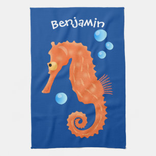 Cute orange seahorse bubbles cartoon illustration tea towel