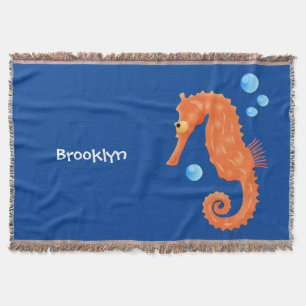Cute orange seahorse bubbles cartoon illustration throw blanket