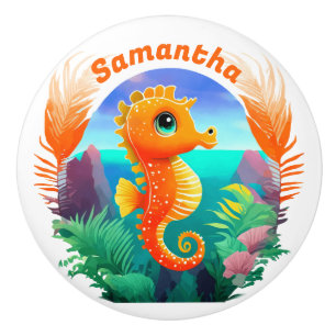 Cute Orange Seahorse Cartoon style Ceramic Knob