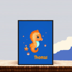 Cute orange seahorse photo print