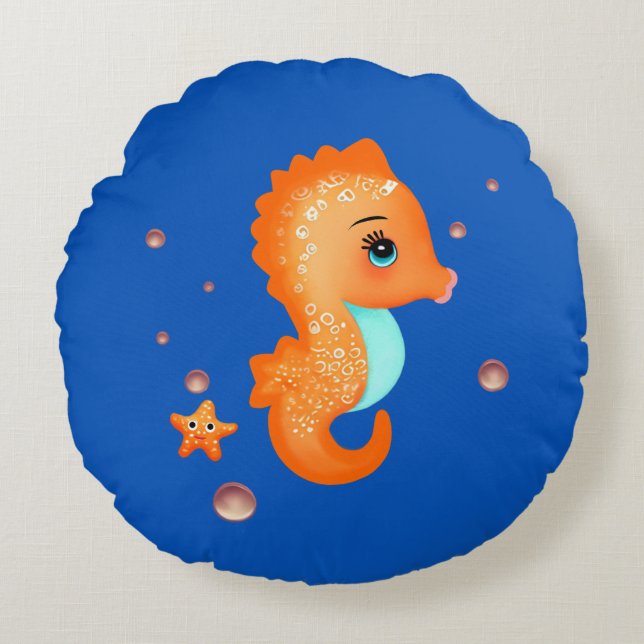 Cute orange seahorse round cushion (Front)