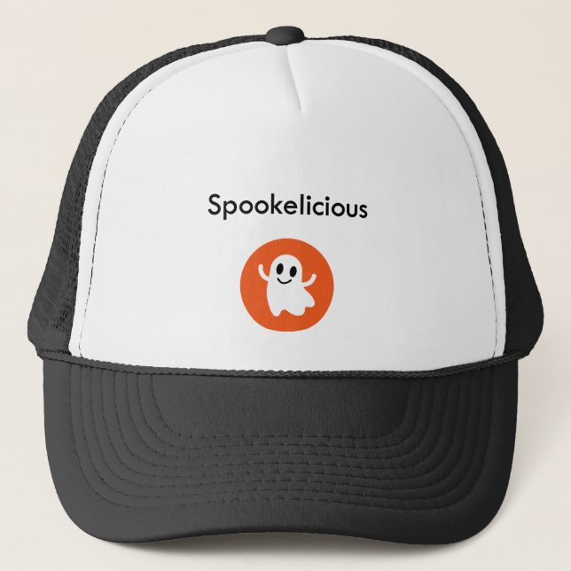 Cute Orange Spookelicious Smiling Halloween Ghost Trucker Hat (Front)