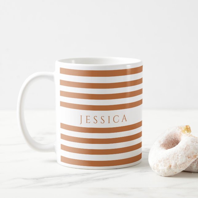 Cute Orange Stripes Pattern Name Coffee Mug (With Donut)