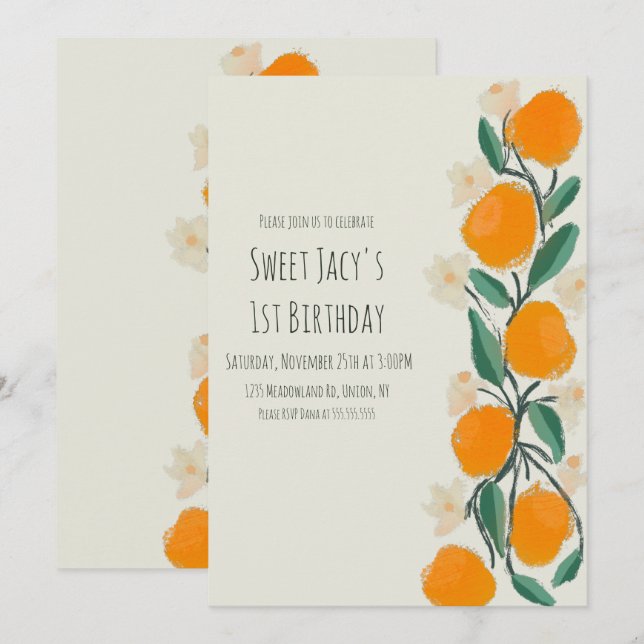 Cute Orange Sweet Botanical Floral Birthday Invitation (Front/Back)