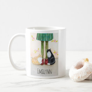 Cute Orange Tabby and Tuxedo Cat Custom Name Coffee Mug
