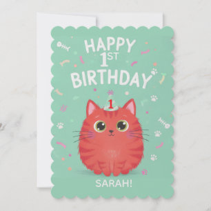 Cute Orange Tabby Cat 1st Birthday   Customisable  Invitation