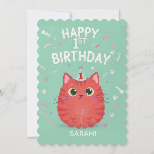 Cute Orange Tabby Cat 1st Birthday | Customisable  Invitation (Front)
