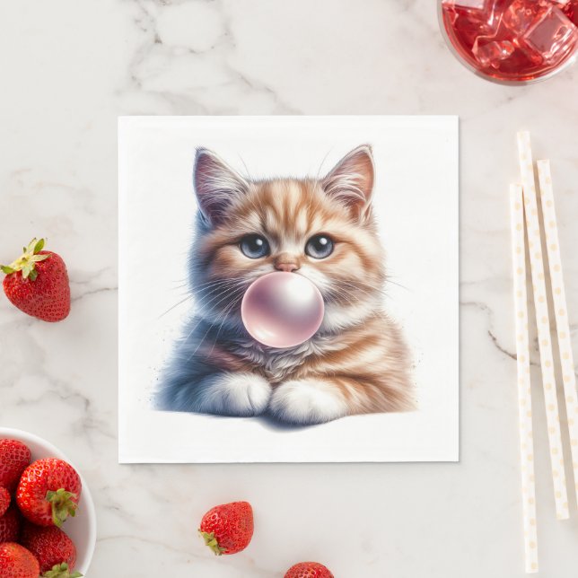 Cute Orange Tabby Cat Blowing Bubble Gum Nursery Napkin (Insitu)