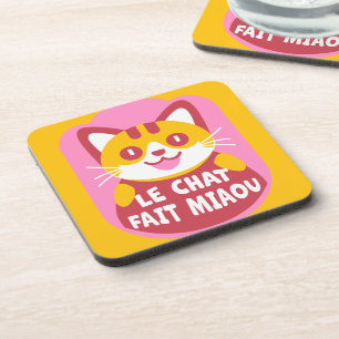Cute Orange Tabby Cat Cartoon Says Meow in French Coaster
