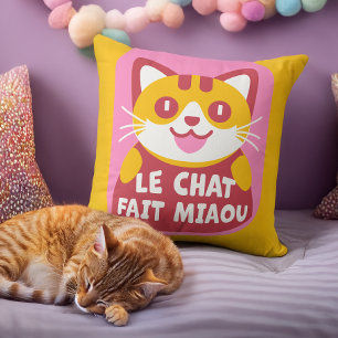 Cute Orange Tabby Cat Cartoon Says Meow in French Cushion