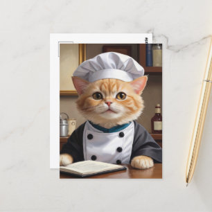 Cute Orange Tabby Cat Chef Cooking Illustration Postcard