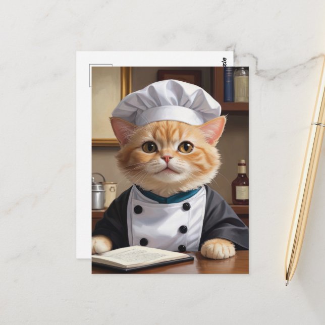 Cute Orange Tabby Cat Chef Cooking Illustration  Postcard (Front/Back In Situ)