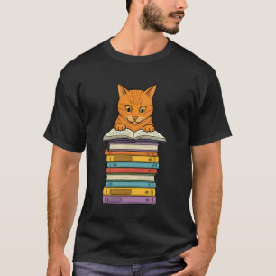 Cute Orange Tabby Cat Reading On Pile of Books Fun T-Shirt