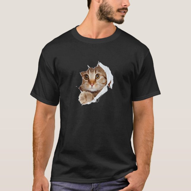Cute Orange Tabby Cat Ripping Through Paper T-Shirt (Front)