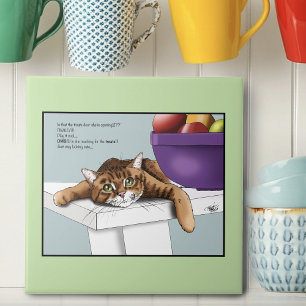 Cute Orange Tabby Cat Treats Funny Waiting Ceramic Tile