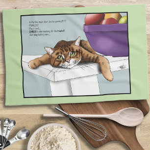 Cute Orange Tabby Cat Treats Funny Waiting Tea Towel