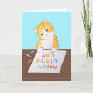 Cute orange Tabby Cat Writing Happy Birthday Card