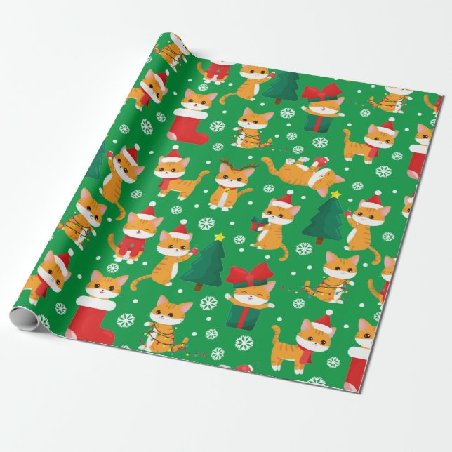 Cute Orange Tabby Christmas Wrapping Paper (Unrolled)