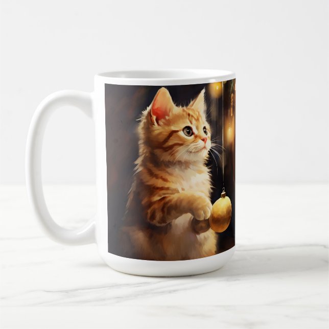 CUTE ORANGE TABBY KITTEN & CHRISTMAS TREE COFFEE MUG (Left)