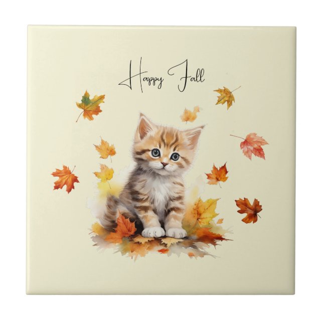 Cute Orange Tabby Kitten in Fall Leaves Ceramic Tile (Front)