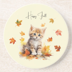 Cute Orange Tabby Kitten in Fall Leaves Coaster