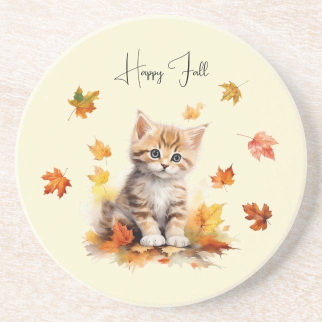 Cute Orange Tabby Kitten in Fall Leaves Coaster (Front)