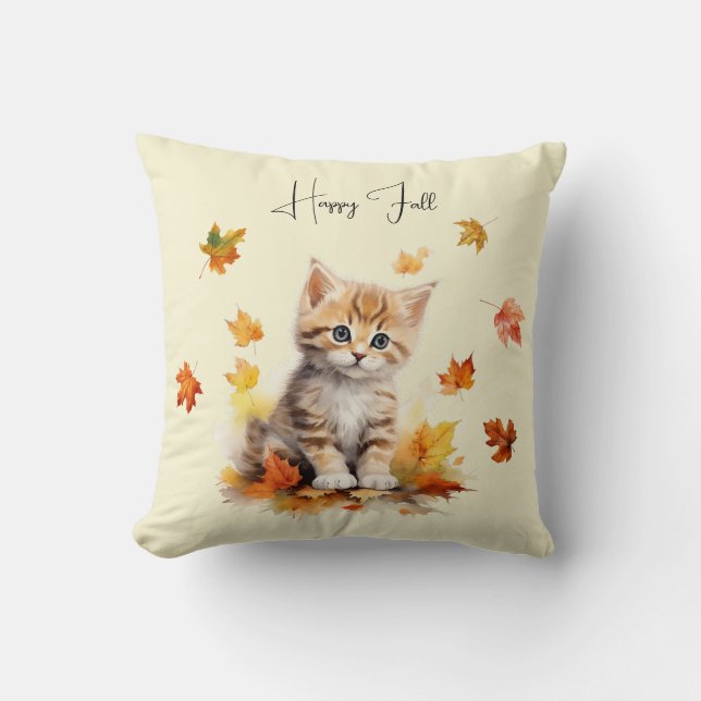Cute Orange Tabby Kitten in Fall Leaves Cushion (Front)