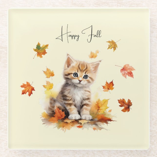Cute Orange Tabby Kitten in Fall Leaves Glass Coaster (Front)