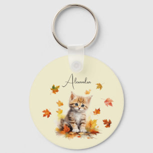 Cute Orange Tabby Kitten in Fall Leaves Key Ring