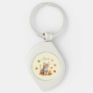 Cute Orange Tabby Kitten in Fall Leaves Key Ring