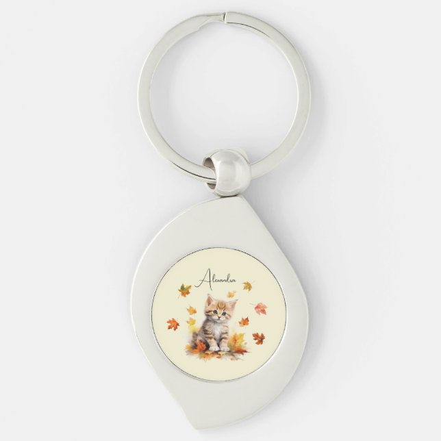 Cute Orange Tabby Kitten in Fall Leaves Key Ring (Front)