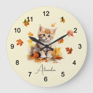 Cute Orange Tabby Kitten in Fall Leaves Large Clock
