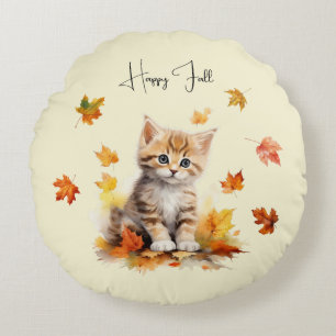 Cute Orange Tabby Kitten in Fall Leaves Round Cushion