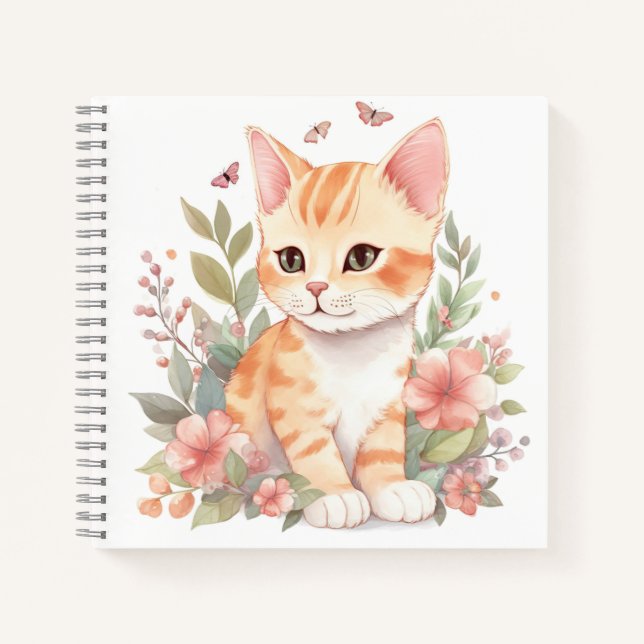 Cute Orange Tabby Kitten with Spring Flowers Notebook (Front)