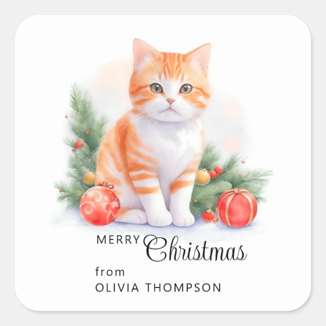Cute Orange Tabby Kitty Merry Christmas Square Sticker (Front)