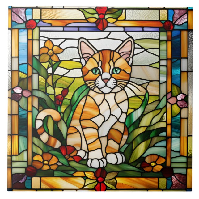 Cute Orange Tabby Stained Glass Decorative Tile (Front)