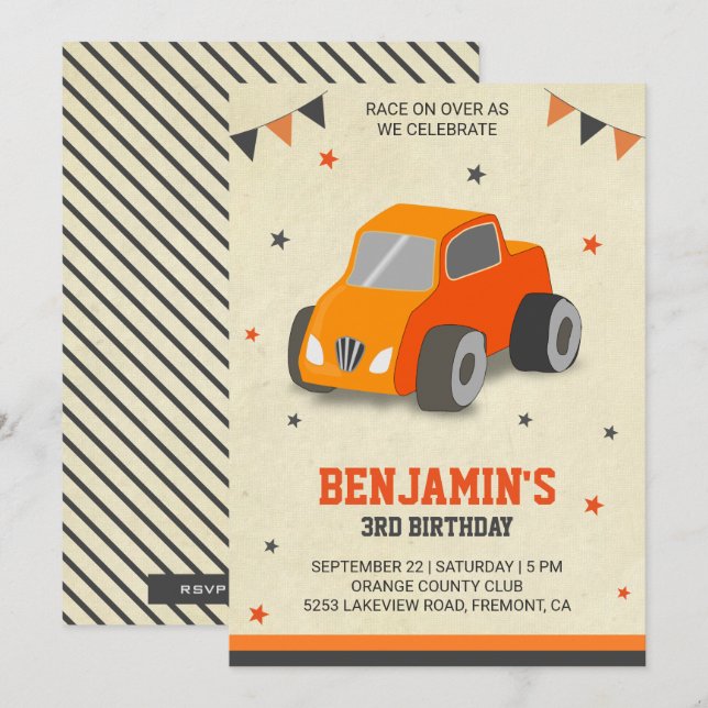 Cute Orange Toy Car Kids Birthday Party Invitation (Front/Back)