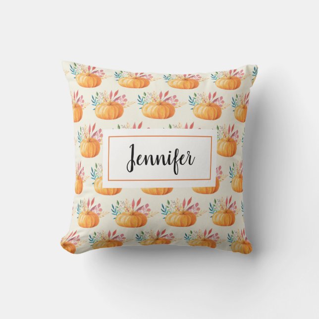Cute Orange Watercolor Pumpkin Pattern Cushion (Front)