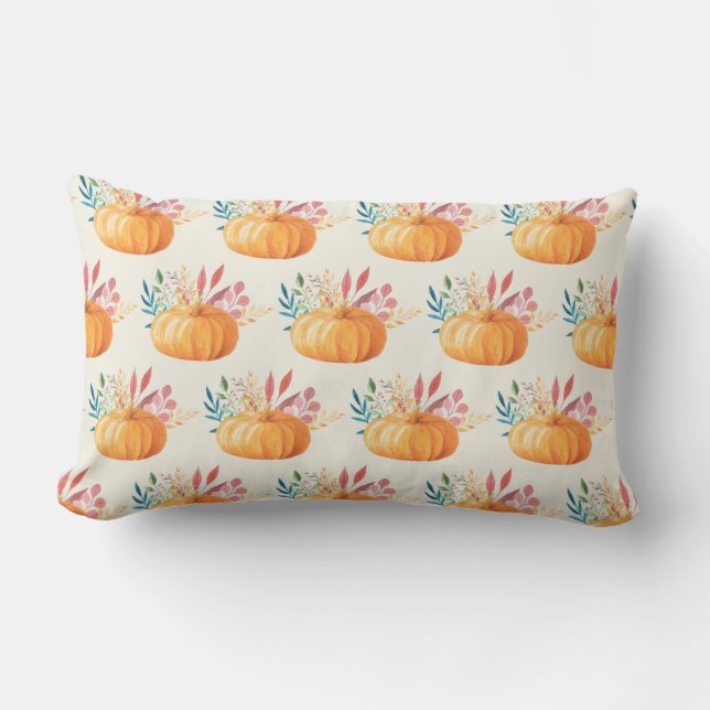 Cute Orange Watercolor Pumpkin Pattern Lumbar Cushion (Front)