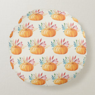 Cute Orange Watercolor Pumpkin Pattern Round Cushion