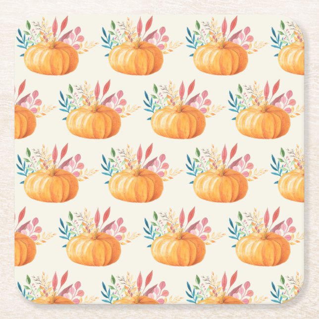 Cute Orange Watercolor Pumpkin Pattern Square Paper Coaster (Front)