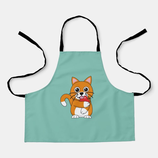 Cute Orange White Cat Eating Red Apple Cartoon Apron (Front)