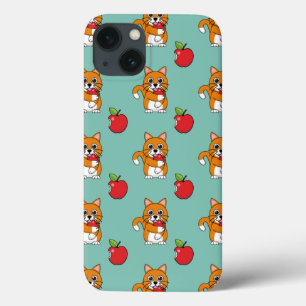 Cute Orange White Cat Eating Red Apple Cartoon iPhone 13 Case