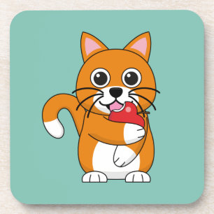 Cute Orange White Cat Eating Red Apple Cartoon Coaster