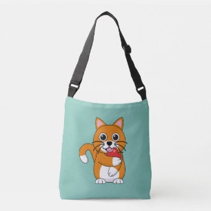 Cute Orange White Cat Eating Red Apple Cartoon Crossbody Bag