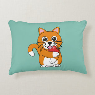 Cute Orange White Cat Eating Red Apple Cartoon Decorative Cushion