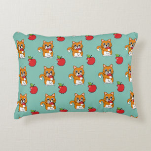 Cute Orange White Cat Eating Red Apple Cartoon Decorative Cushion