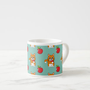 Cute Orange White Cat Eating Red Apple Cartoon Espresso Cup
