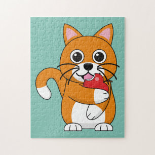 Cute Orange White Cat Eating Red Apple Cartoon Jigsaw Puzzle