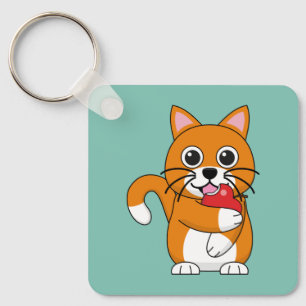 Cute Orange White Cat Eating Red Apple Cartoon Key Ring